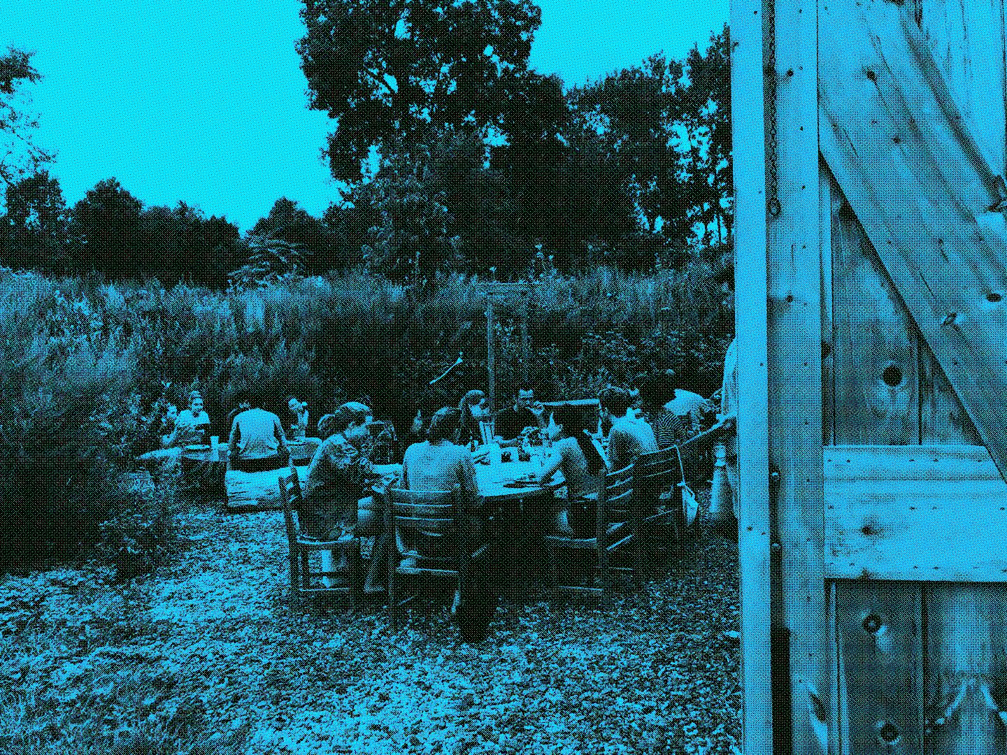 Students eat outdoors at Yale Landscape Lab